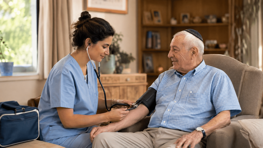 אחות סיעודית פרטית בודקת מדדים לקשיש בביתו במסגרת שירות אחיות עד הבית