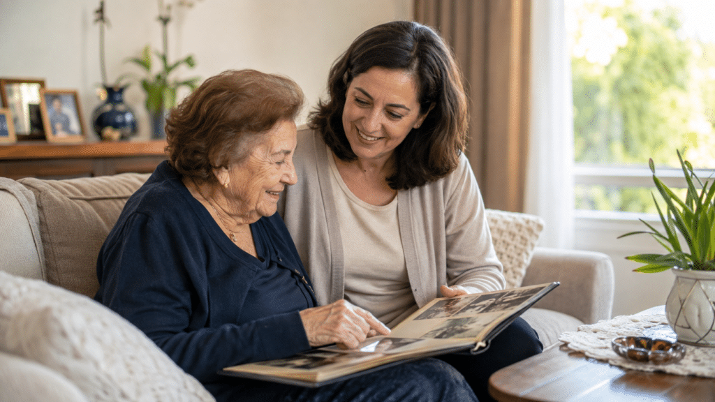 מטפלת ישראלית יושבת לצד קשישה בסלון ביתי, משוחחות בחיוך