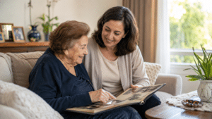 מטפלת ישראלית יושבת לצד קשישה בסלון ביתי, משוחחות בחיוך