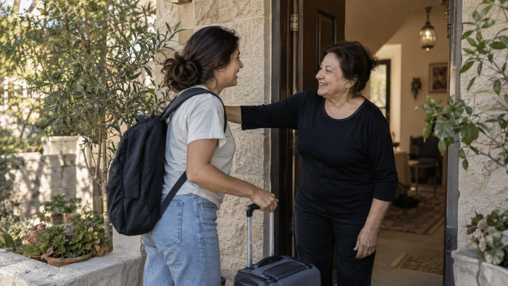 מטפל זמני מגיע לבית המשפחה עם מזוודה קטנה בזמן חילופי צוות