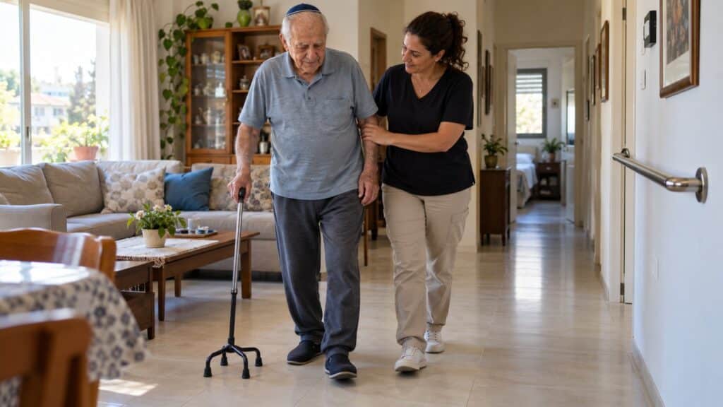 קשיש הולך עם מקל בסלון ביתו ומטפלת מלווה אותו ותומכת במרפק